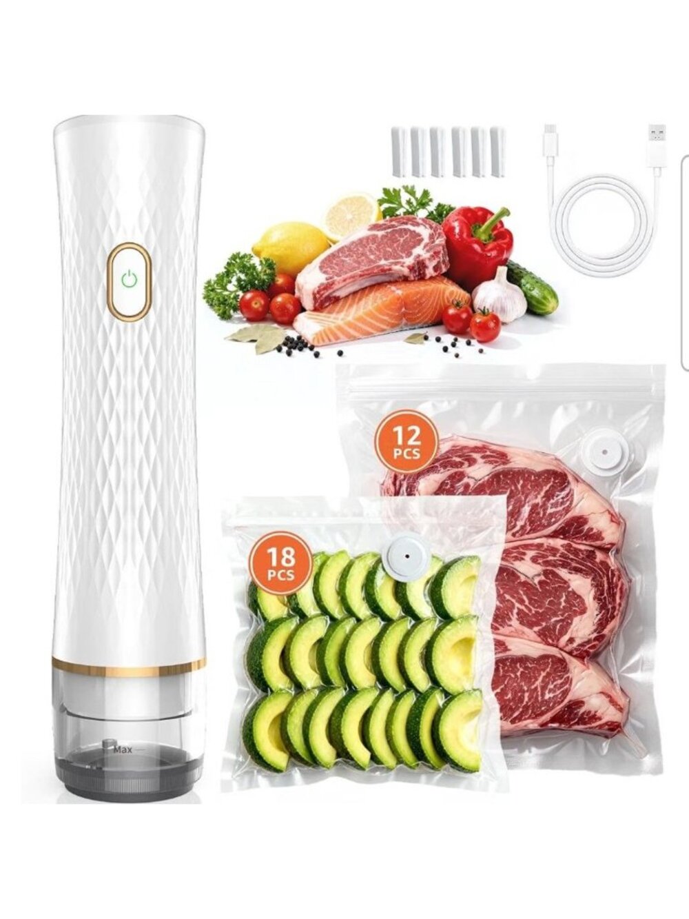 Handheld Vacuum Sealer Machine w/30 Reusable Bags Cordless One-Touch Operation